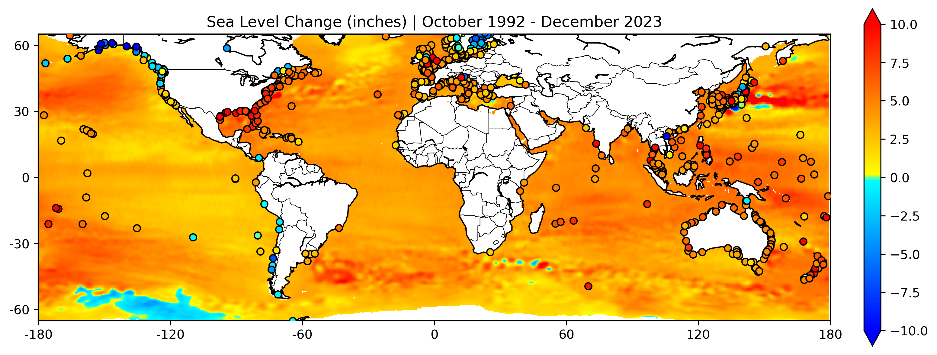 Sea Level Change from 1992 to 2023 measured by tide gauges and satellite altimeters.